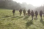 Group of hikers with a dog in a grassy field amid fog at Roxburghe Hotel Golf & Spa Ltd.