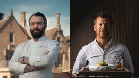 Two skilled chefs at Roxburghe Hotel Golf & Spa, one presenting a vibrant dish.