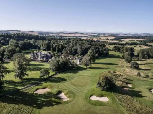 Aerial view of Roxburghe Hotel and lush golf course.